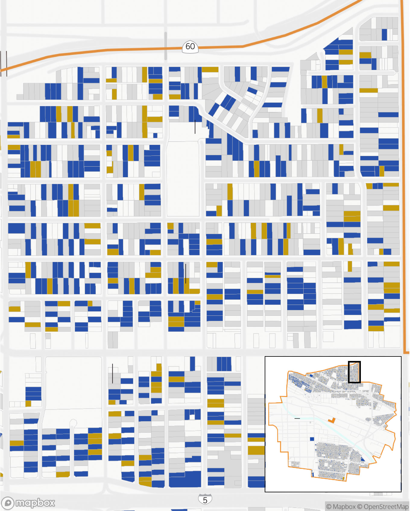 A map of several blocks of properties in East L.A., each colored by their DTSC cleanup status. There are a mix of homes that have been cleaned to standard, homes that have not been cleaned to standard, and homes that have not been cleaned at all or are missing data.