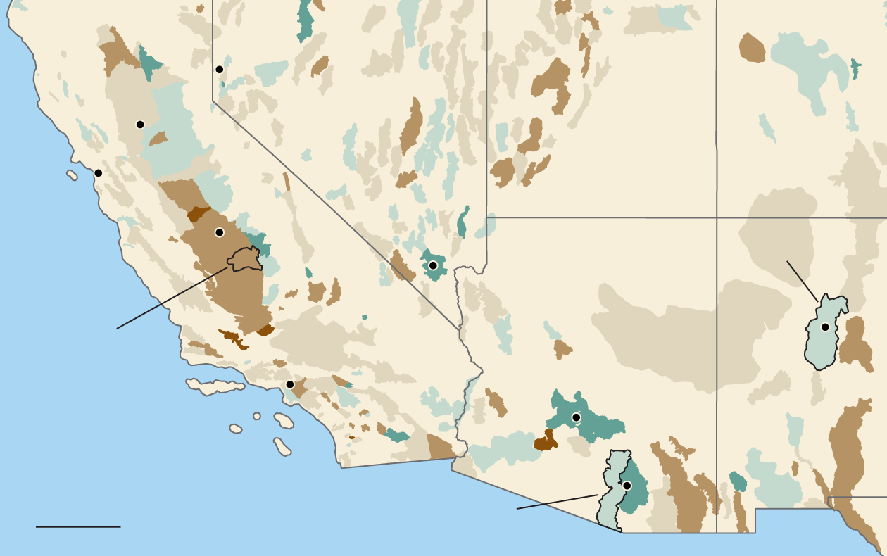 A map of the southwest United states showing aquifers color coded by change in depth to groundwater per year.