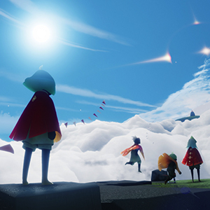 Characters stand amongst clouds in a still from the game 'Sky'