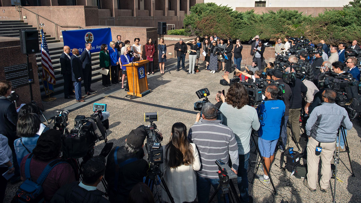 Dr. Barbara Ferrer, L.A. County's director of public health, speaks at a packed news conference on March 4 to declare a local health emergency in the county. (Diandra Jay / Board of Supervisors)