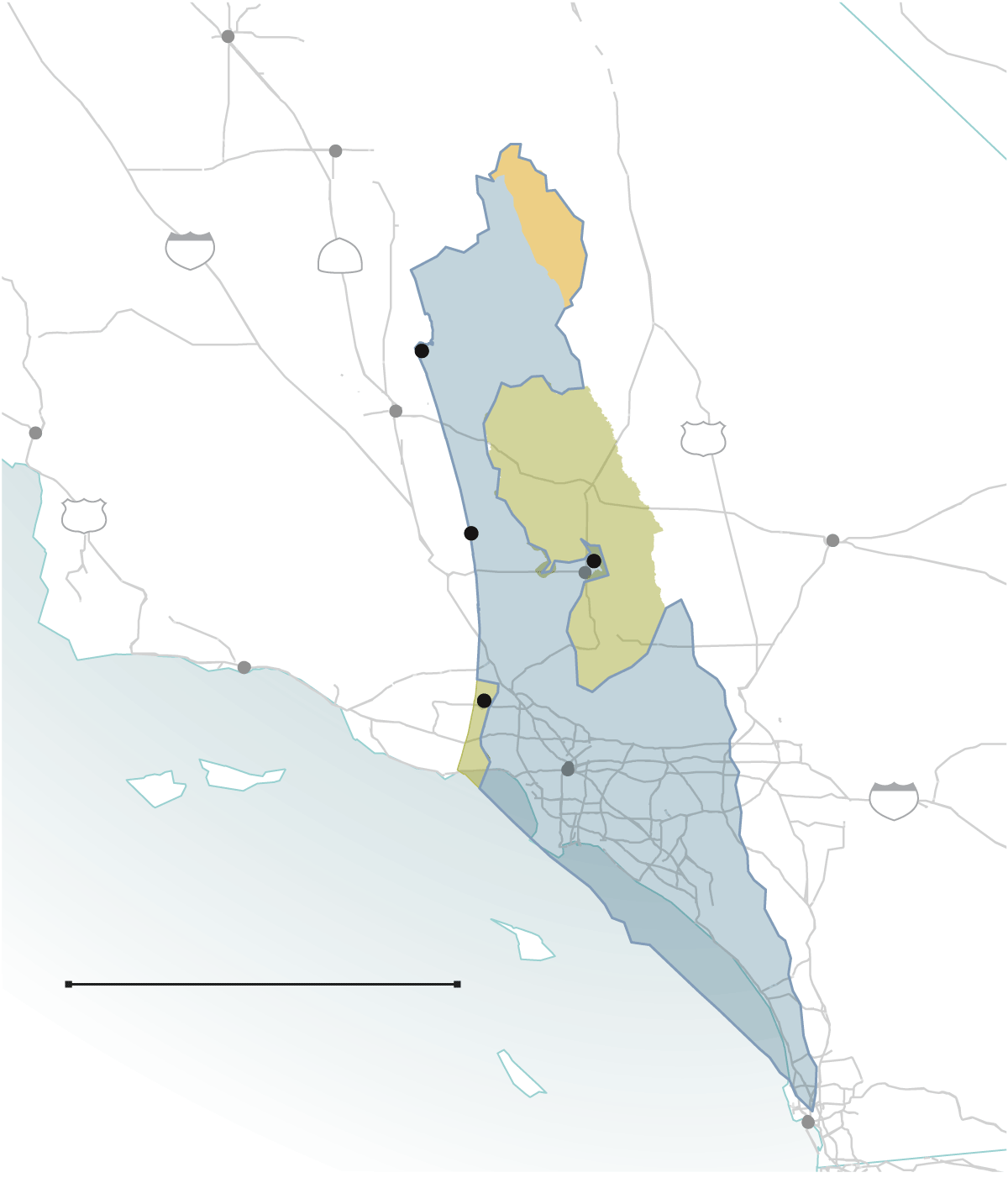 Map shows Israel and Palestinian territories overlaid southern California for scale.