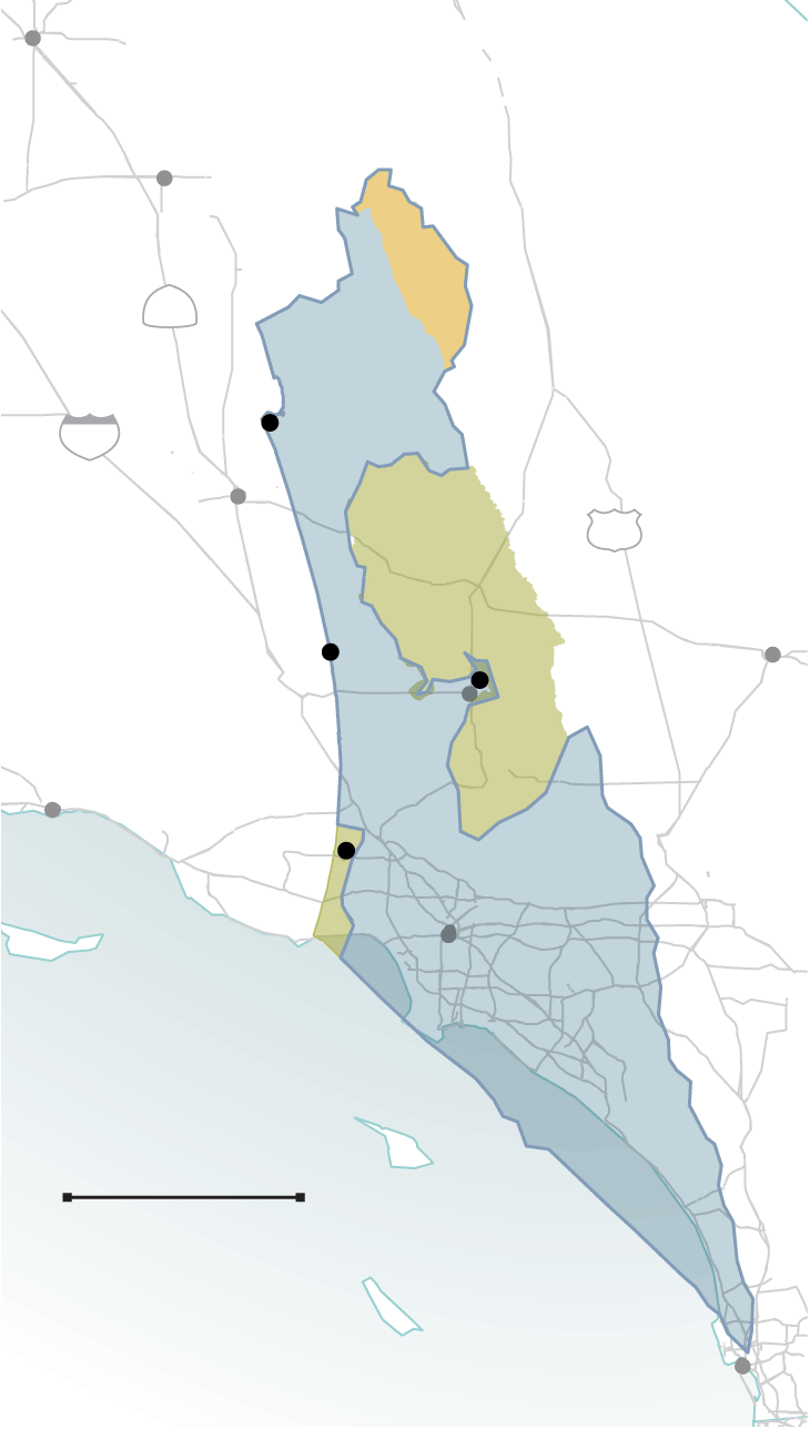 Map shows Israel and Palestinian territories overlaid southern California for scale.