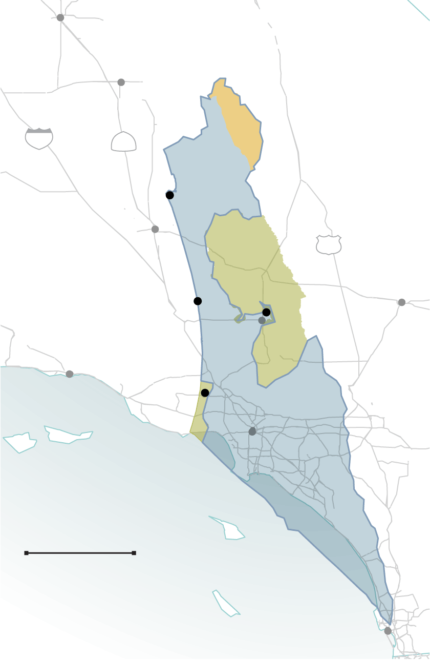 Map shows Israel and Palestinian territories overlaid southern California for scale.