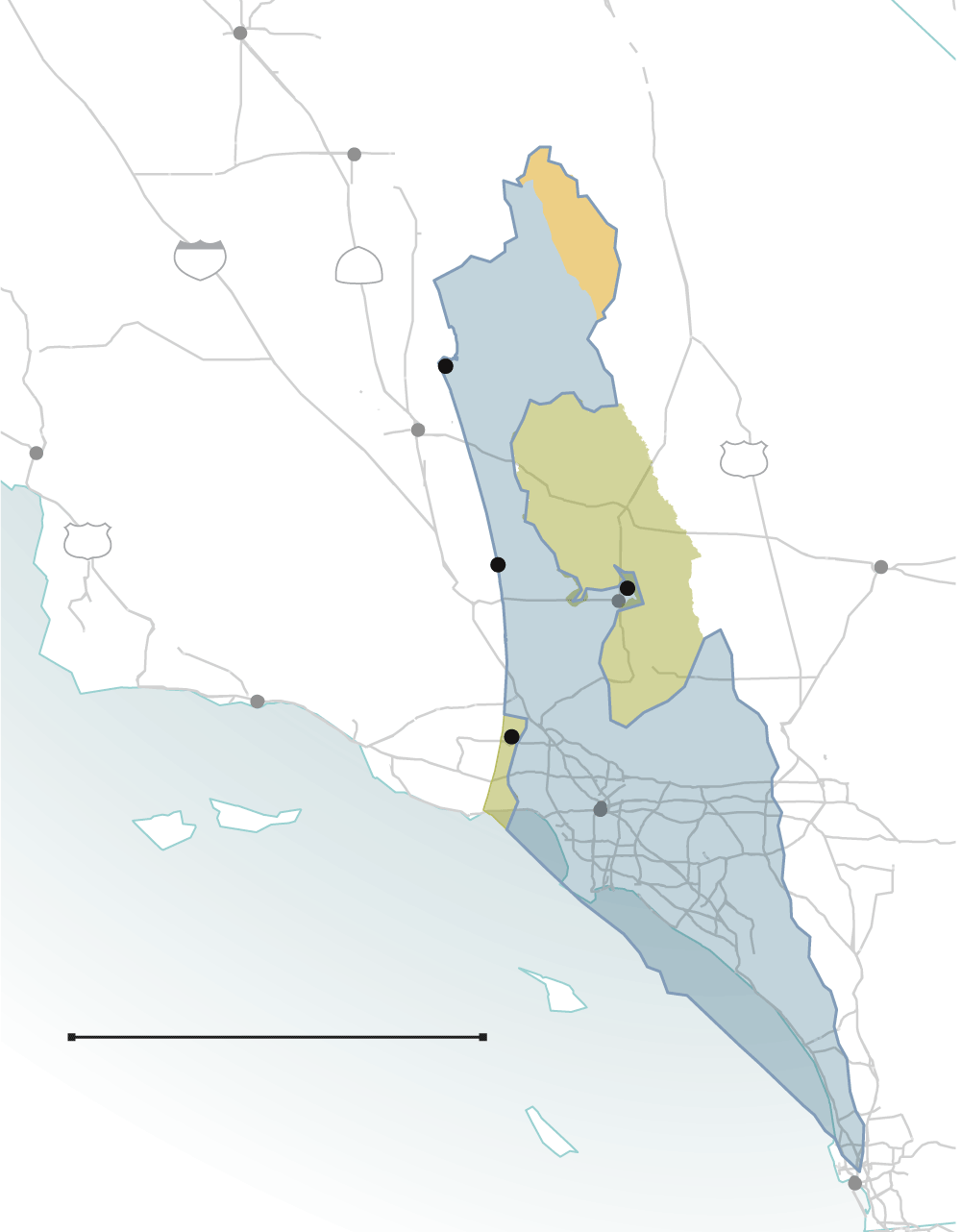 Map shows Israel and Palestinian territories overlaid southern California for scale.