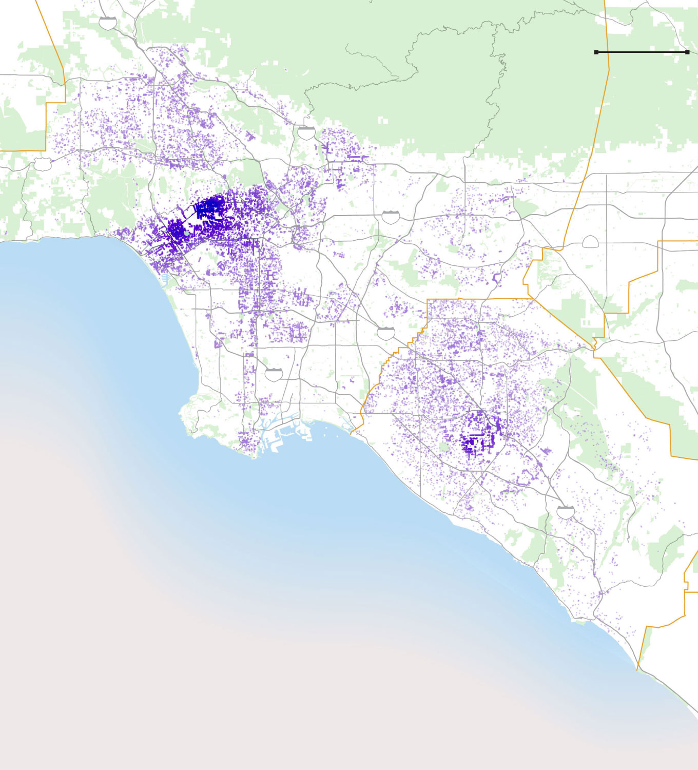 An overview map of Los Angeles and Orange counties showing the spread of jacaranda trees.