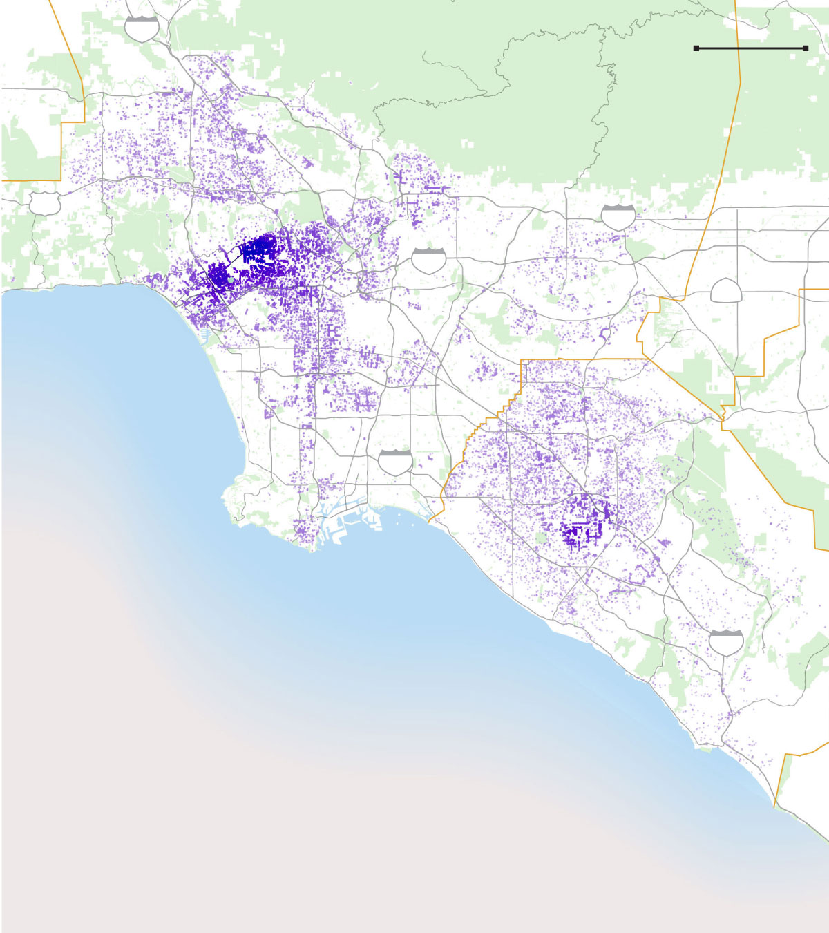 An overview map of Los Angeles and Orange counties showing the spread of jacaranda trees.