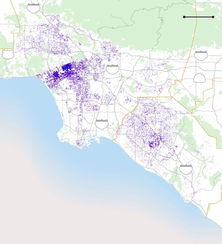 An overview map of Los Angeles and Orange counties showing the spread of jacaranda trees.