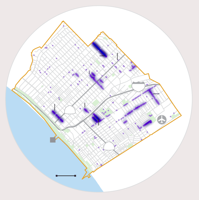 Map shows where jacaranda trees are in Santa Monica.