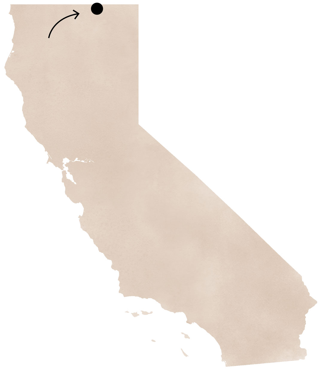 A dot on the border between California and Oregon showing Tule Lake’s location in California