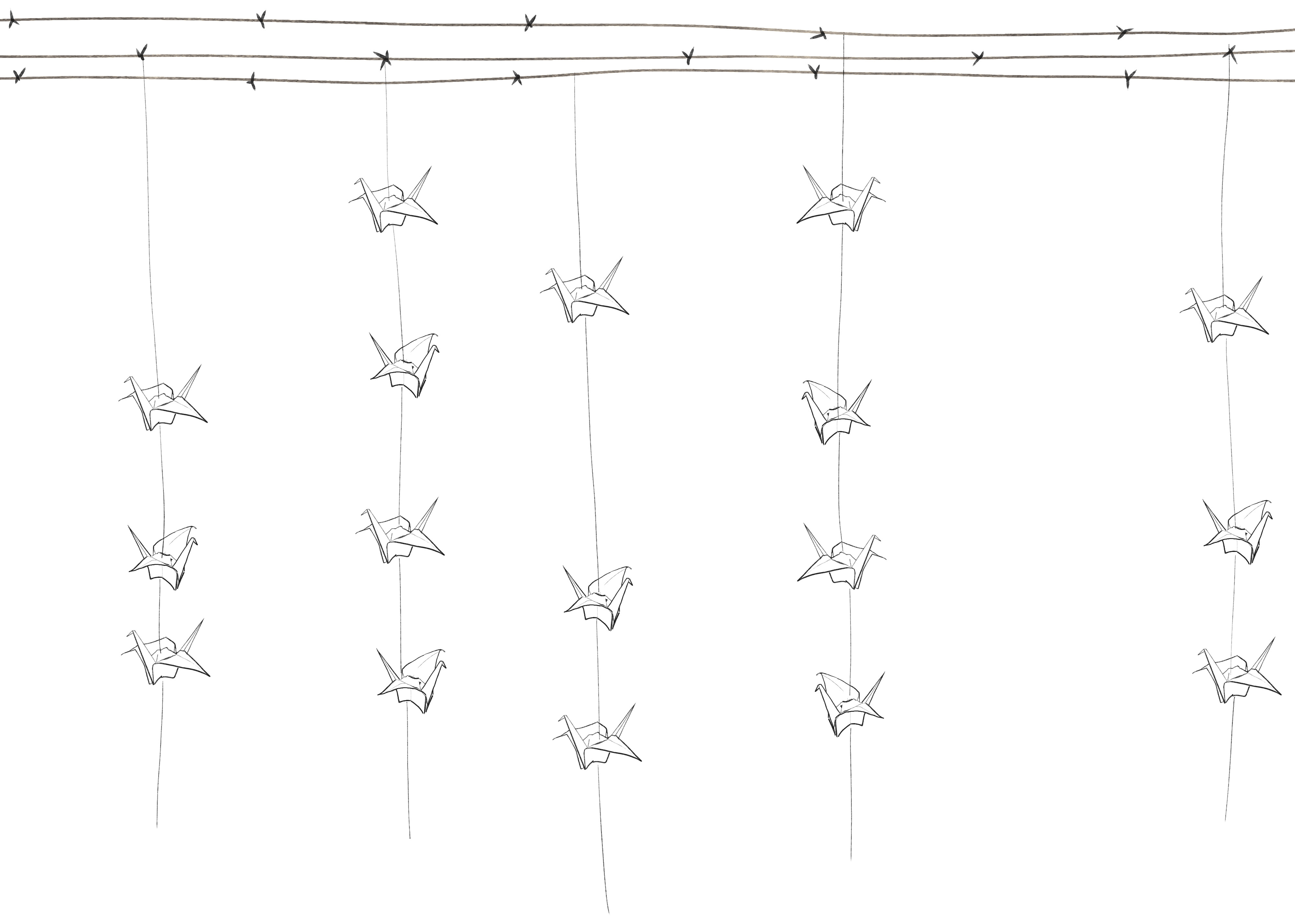 Illustration of paper cranes hanging from three lines of barbed wire