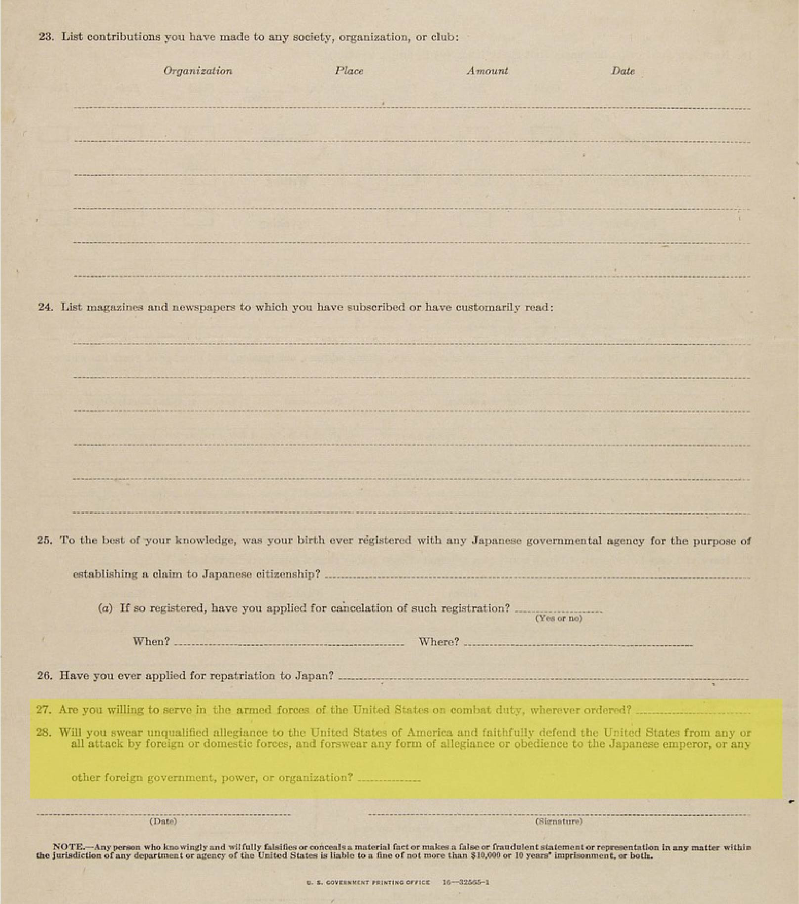 A page of the loyalty questionnaire with questions 27 and 28.