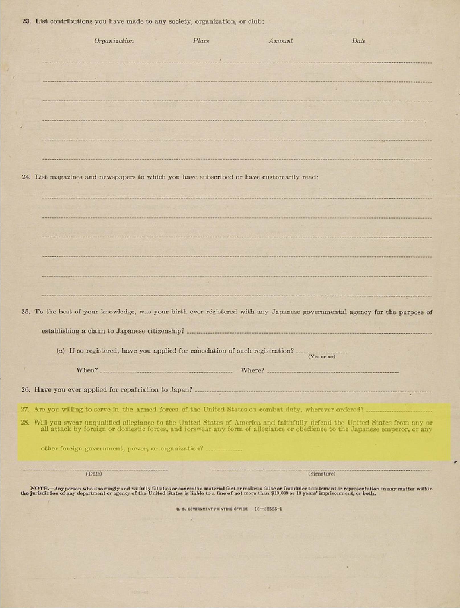 A page of the loyalty questionnaire with questions 27 and 28.