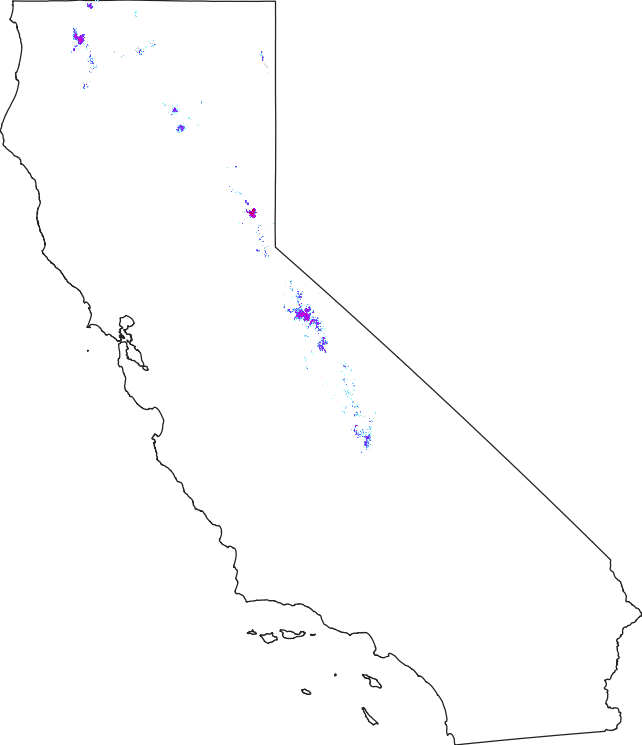 A map that is using snow depth data to show snow cover in California between June 1 and July 24 of 2022.