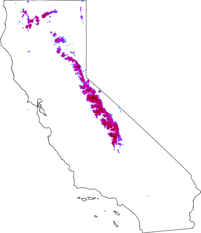 A map that is using snow depth data to show snow cover in California between June 1 and July 24 of 2023. Snow depth persisted far longer this year compared to last year.
