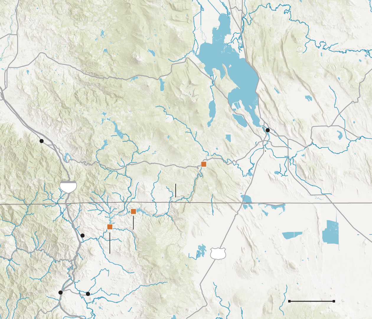Map shows the locations of four dams slated for removal on the Klamath River, near the Oregon-California border.