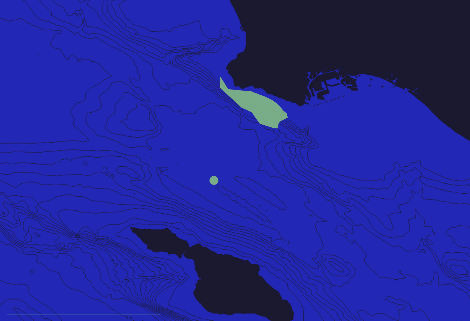 A map of the coast off Los Angeles, showing the DDT barrel dumpsite between the mainland and Santa Catalina Island and the superfund site off the Palos Verdes Penninsula.