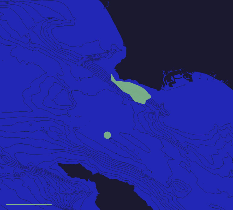 A map of the coast off Los Angeles, showing the DDT barrel dumpsite between the mainland and Santa Catalina Island and the superfund site off the Palos Verdes Penninsula.