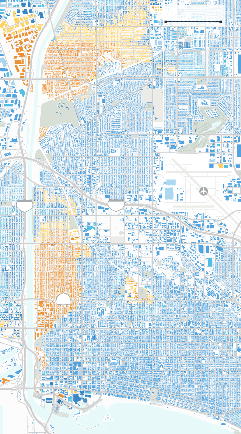 A map of North and Downtown Long Beach shows pockets of deep flooding