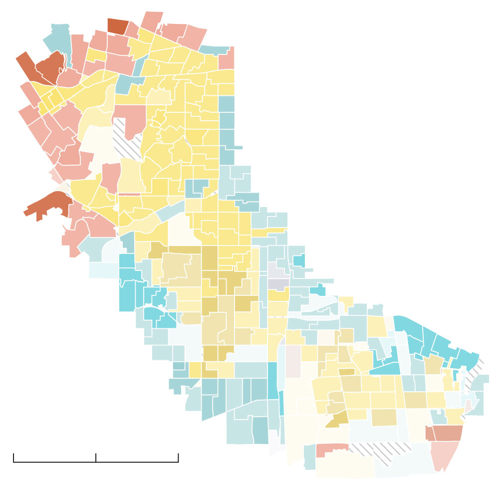 A choropleth map of Culver City, Leimert Park, Inglewood, Willowbrook, Gardena and Compton. Precincts in this area are densely populated, and Inglewood, Westmont, and Compton showed a preference for Cecil Rhambo or Eric Strong. Culver City was split between Luna and Eric Strong. Gardena is less densely populated and voted for Villanueva.