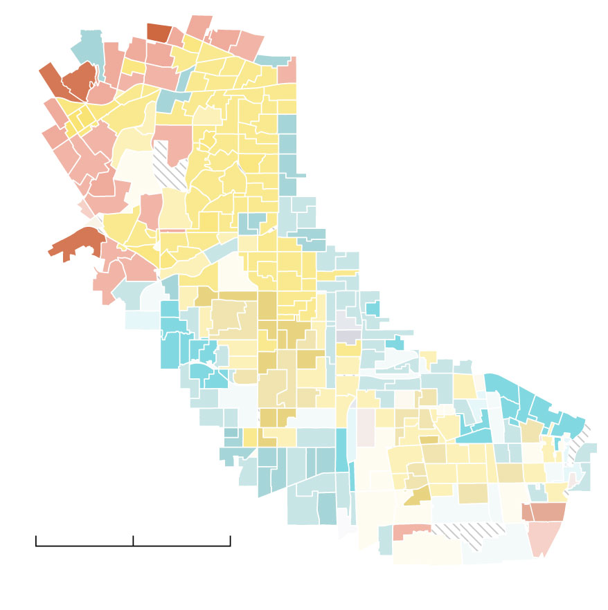 A choropleth map of Culver City, Leimert Park, Inglewood, Willowbrook, Gardena and Compton. Precincts in this area are densely populated, and Inglewood, Westmont, and Compton showed a preference for Cecil Rhambo or Eric Strong. Culver City was split between Luna and Eric Strong. Gardena is less densely populated and voted for Villanueva.