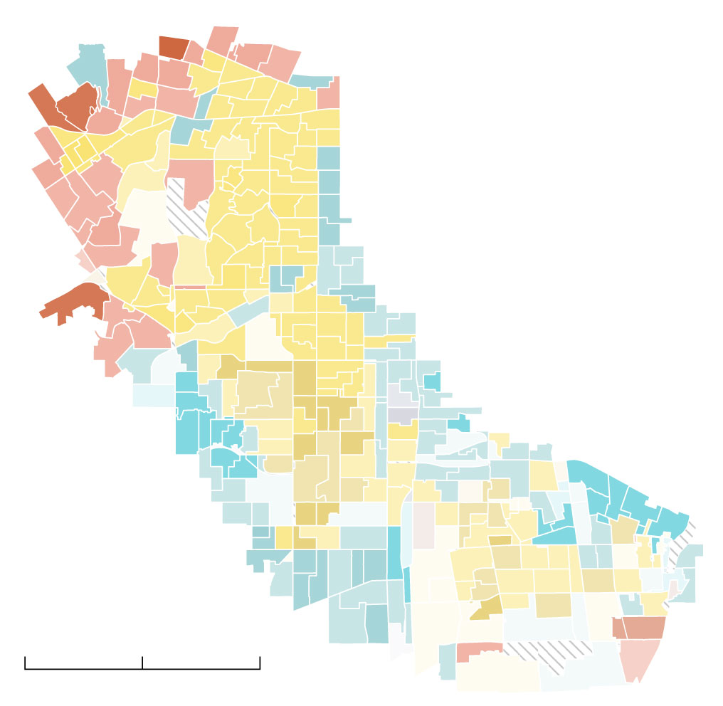 A choropleth map of Culver City, Leimert Park, Inglewood, Willowbrook, Gardena and Compton. Precincts in this area are densely populated, and Inglewood, Westmont, and Compton showed a preference for Cecil Rhambo or Eric Strong. Culver City was split between Luna and Eric Strong. Gardena is less densely populated and voted for Villanueva.