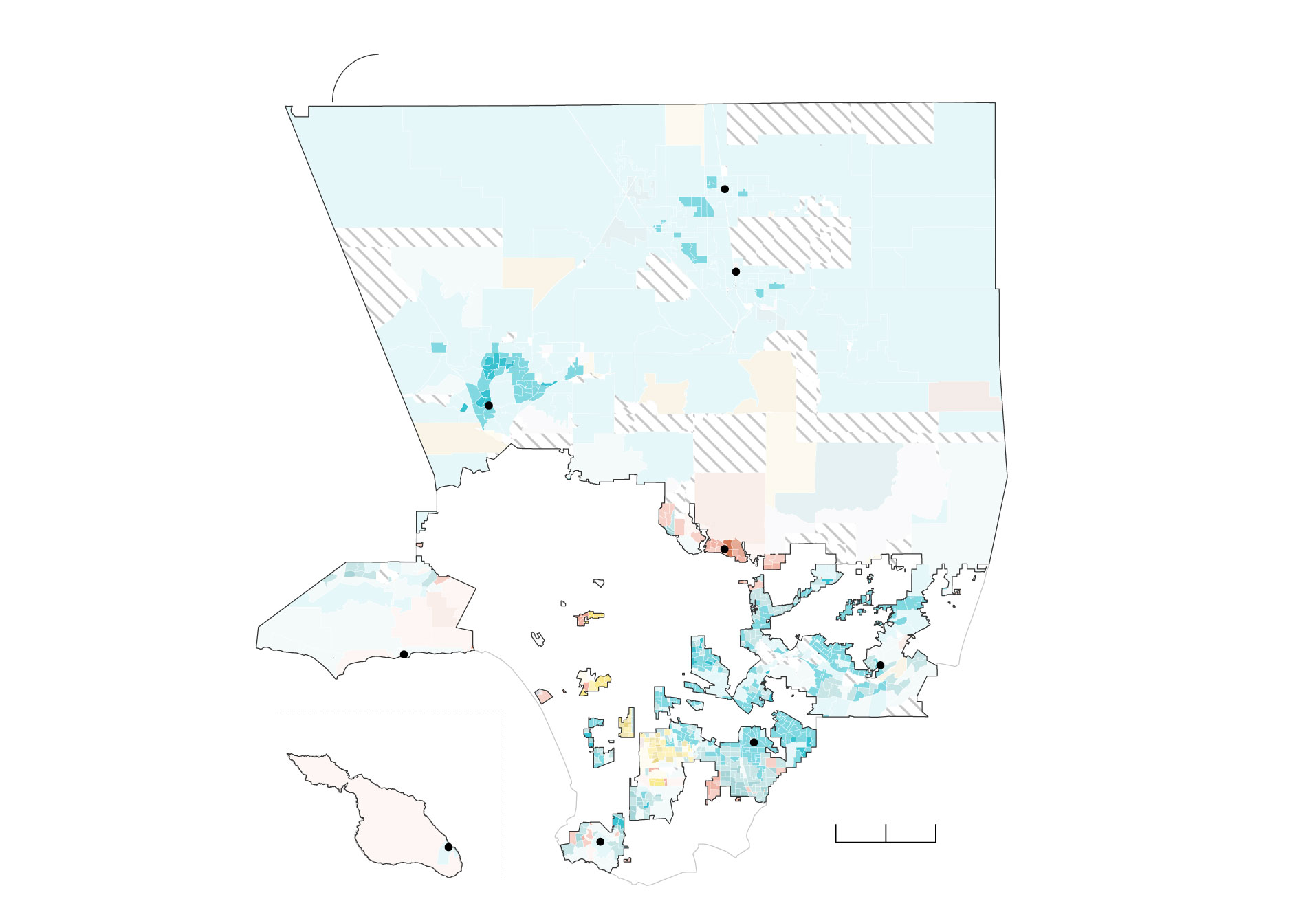 A choropleth map outlining the areas in Los Angeles County that are patrolled by a Sheriff’s Station. These areas vary in voting density, but most of them supported Villanueva in the election. The biggest patrolling areas are in the northernmost part of the County.