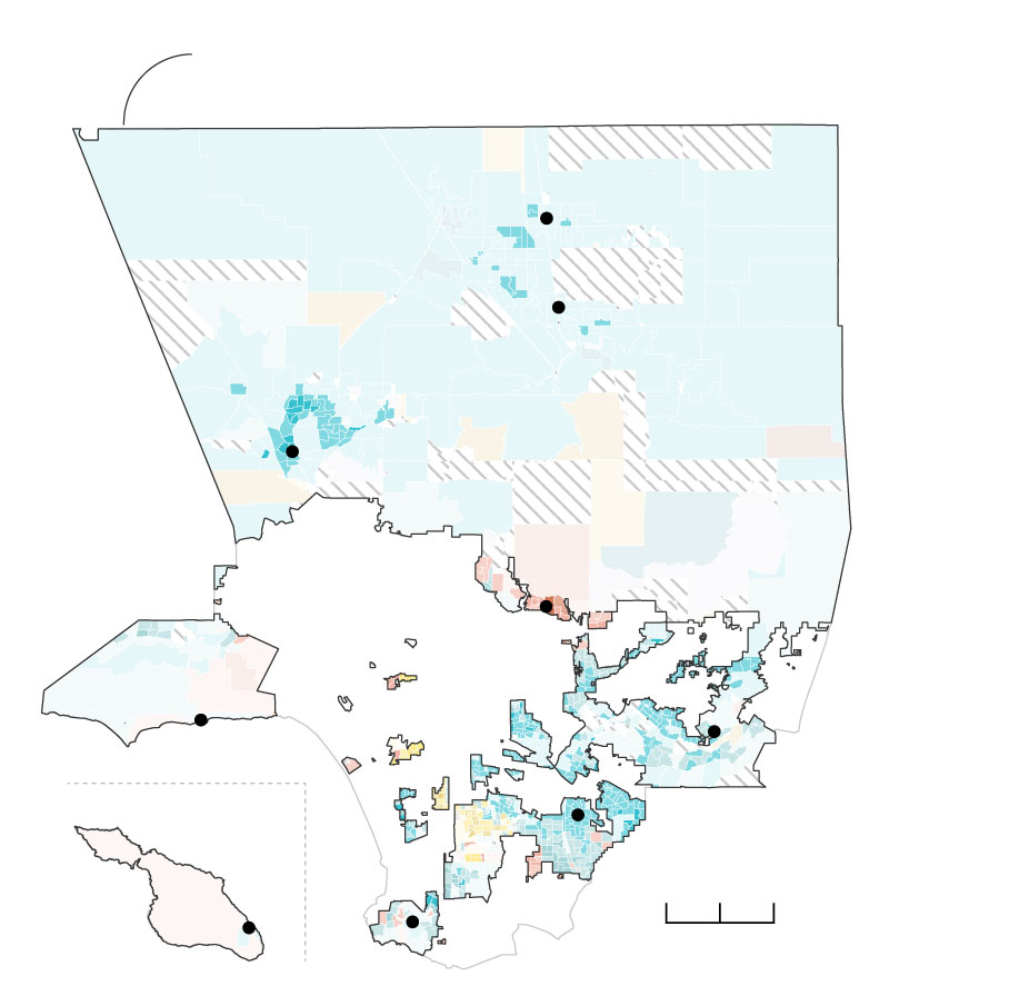 A choropleth map outlining the areas in Los Angeles County that are patrolled by a Sheriff’s Station. These areas vary in voting density, but most of them supported Villanueva in the election. The biggest patrolling areas are in the northernmost part of the County.