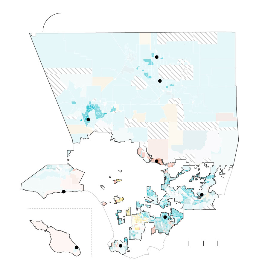 A choropleth map outlining the areas in Los Angeles County that are patrolled by a Sheriff’s Station. These areas vary in voting density, but most of them supported Villanueva in the election. The biggest patrolling areas are in the northernmost part of the County.