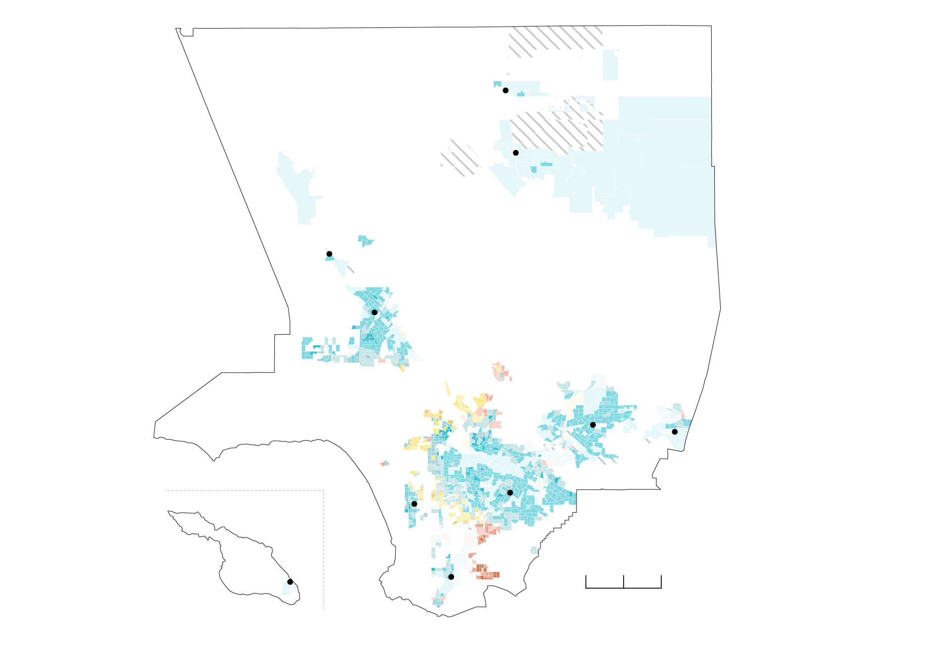 A map of L.A. County showing voting precincts where the Latino residents make up 50 percent or more of the population. Precincts around San Fernando, Downey, West Covina, and Boyle Heights are densely populated and voted for Villanueva.
