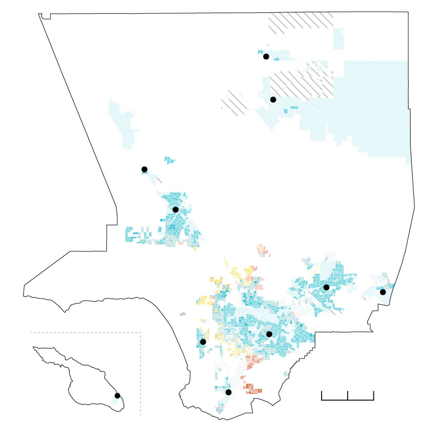 A map of L.A. County showing voting precincts where the Latino residents make up 50 percent or more of the population. Precincts around San Fernando, Downey, West Covina, and Boyle Heights are densely populated and voted for Villanueva.