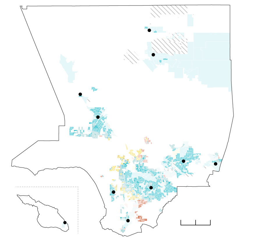 A map of L.A. County showing voting precincts where the Latino residents make up 50 percent or more of the population. Precincts around San Fernando, Downey, West Covina, and Boyle Heights are densely populated and voted for Villanueva.