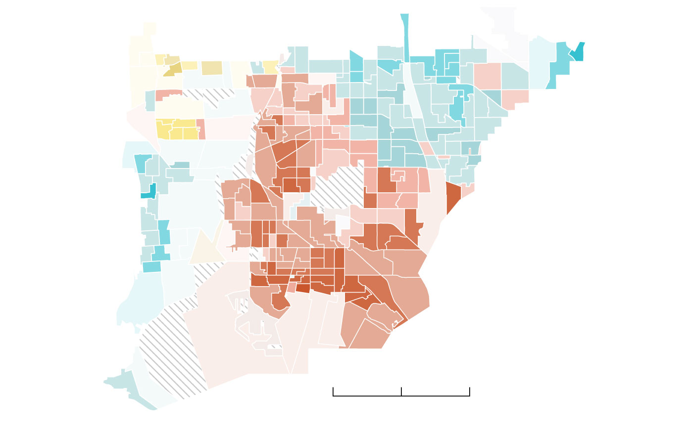 A choropleth map showing voting precincts in Long Beach and Carson, Lakewood, and Cerritos. Long Beach precincts are densely populated and strongly preferred Luna. Lakewood, Carson, and Cerritos are less densely populated and voted for Villanueva.