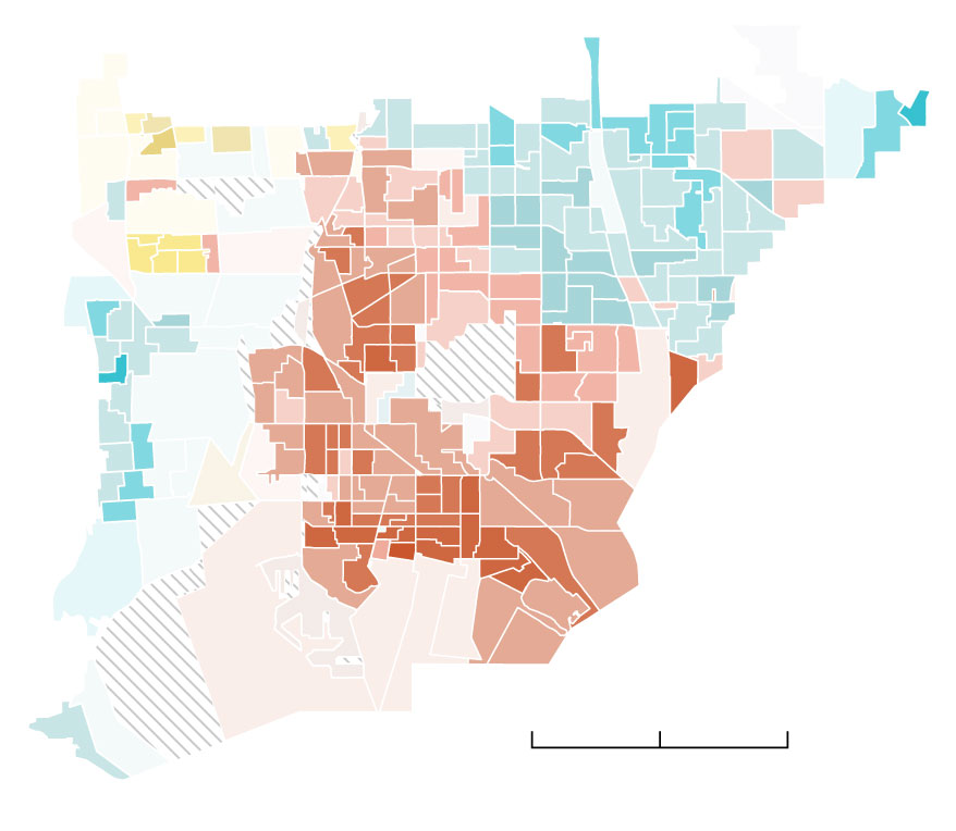 A choropleth map showing voting precincts in Long Beach and Carson, Lakewood, and Cerritos. Long Beach precincts are densely populated and strongly preferred Luna. Lakewood, Carson, and Cerritos are less densely populated and voted for Villanueva.