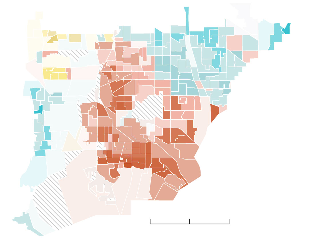 A choropleth map showing voting precincts in Long Beach and Carson, Lakewood, and Cerritos. Long Beach precincts are densely populated and strongly preferred Luna. Lakewood, Carson, and Cerritos are less densely populated and voted for Villanueva.