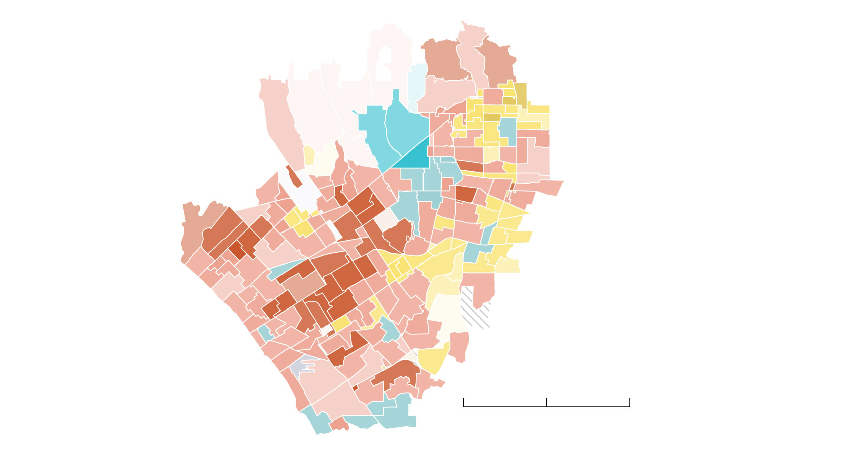 A choropleth map of Santa Monica, Venice, Beverly Hills and West Hollywood. Most of these precincts are densely populated. Most precincts voted for Luna, except for Beverly Hills, which voted for Villanueva.