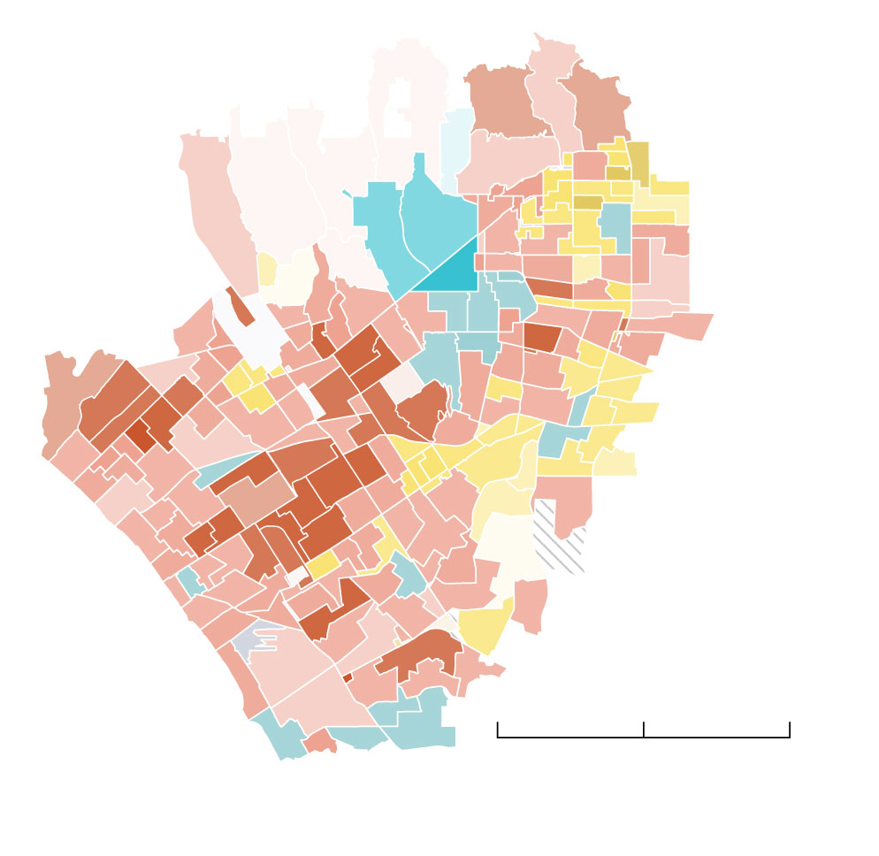 A choropleth map of Santa Monica, Venice, Beverly Hills and West Hollywood. Most of these precincts are densely populated. Most precincts voted for Luna, except for Beverly Hills, which voted for Villanueva.