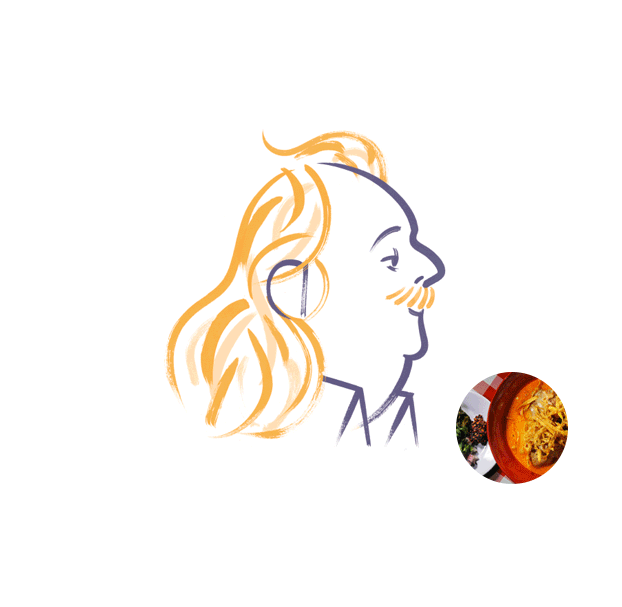 An illustration of Jonathan Gold with some of his favorite restaurants circling around his head