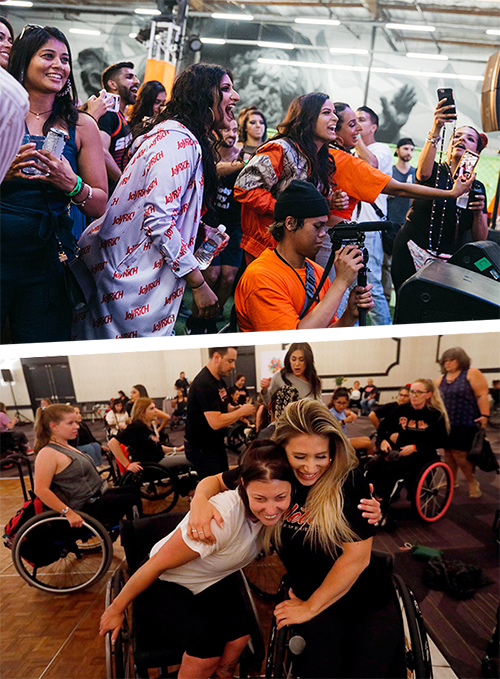 At left, BFunk Chaya Kumar and Shivani Bhagwan celebrate gaining 1 million YouTube subscribers. At right, Lauren Watson Aerial of Australia, left, speaks with Rollettes founder Chelsie Hill her convention last year.