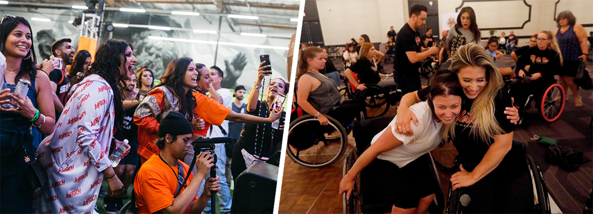 At left, BFunk Chaya Kumar and Shivani Bhagwan celebrate gaining 1 million YouTube subscribers. At right, Lauren Watson Aerial of Australia, left, speaks with Rollettes founder Chelsie Hill her convention last year.
