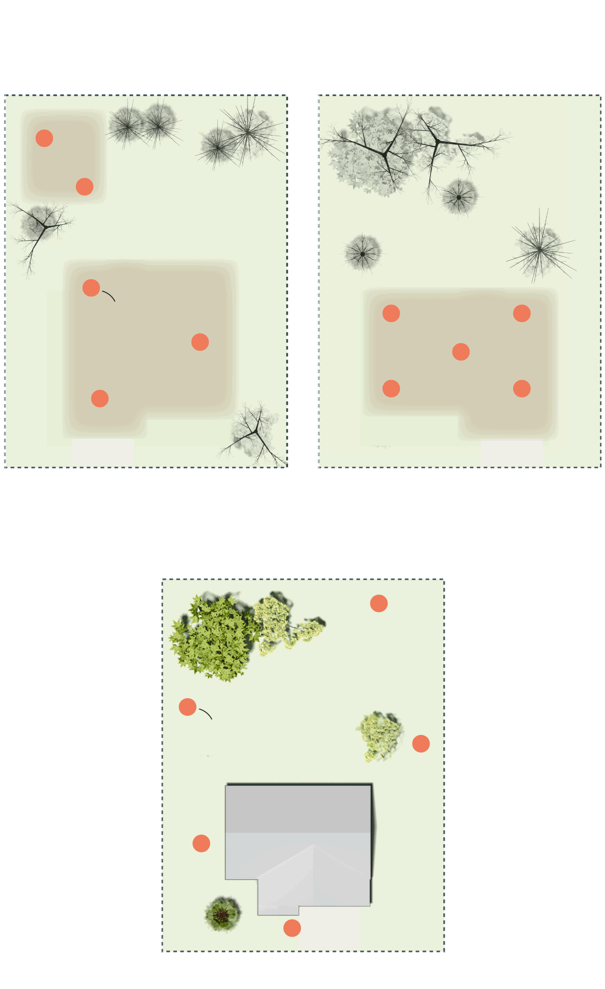 Diagrams show where soil samples where collected on destroyed and standing home properties.