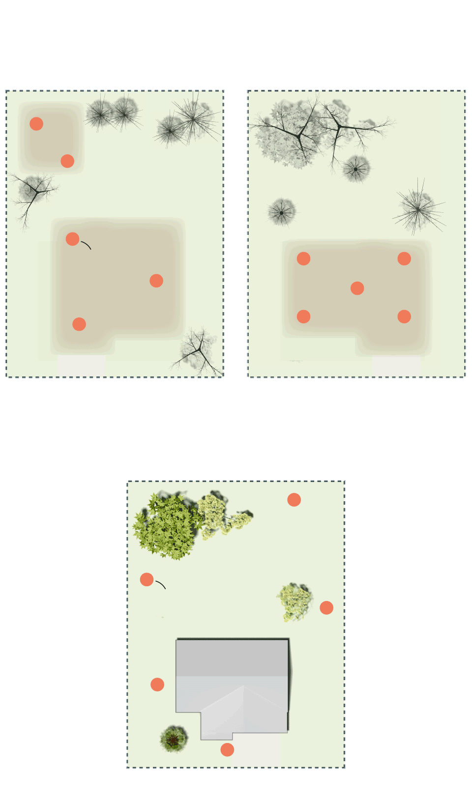 Diagrams show where soil samples where collected on destroyed and standing home properties.