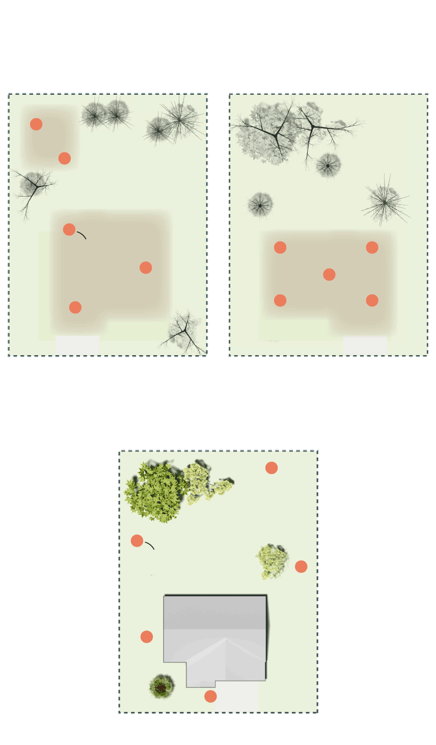 Diagrams show where soil samples where collected on destroyed and standing home properties.