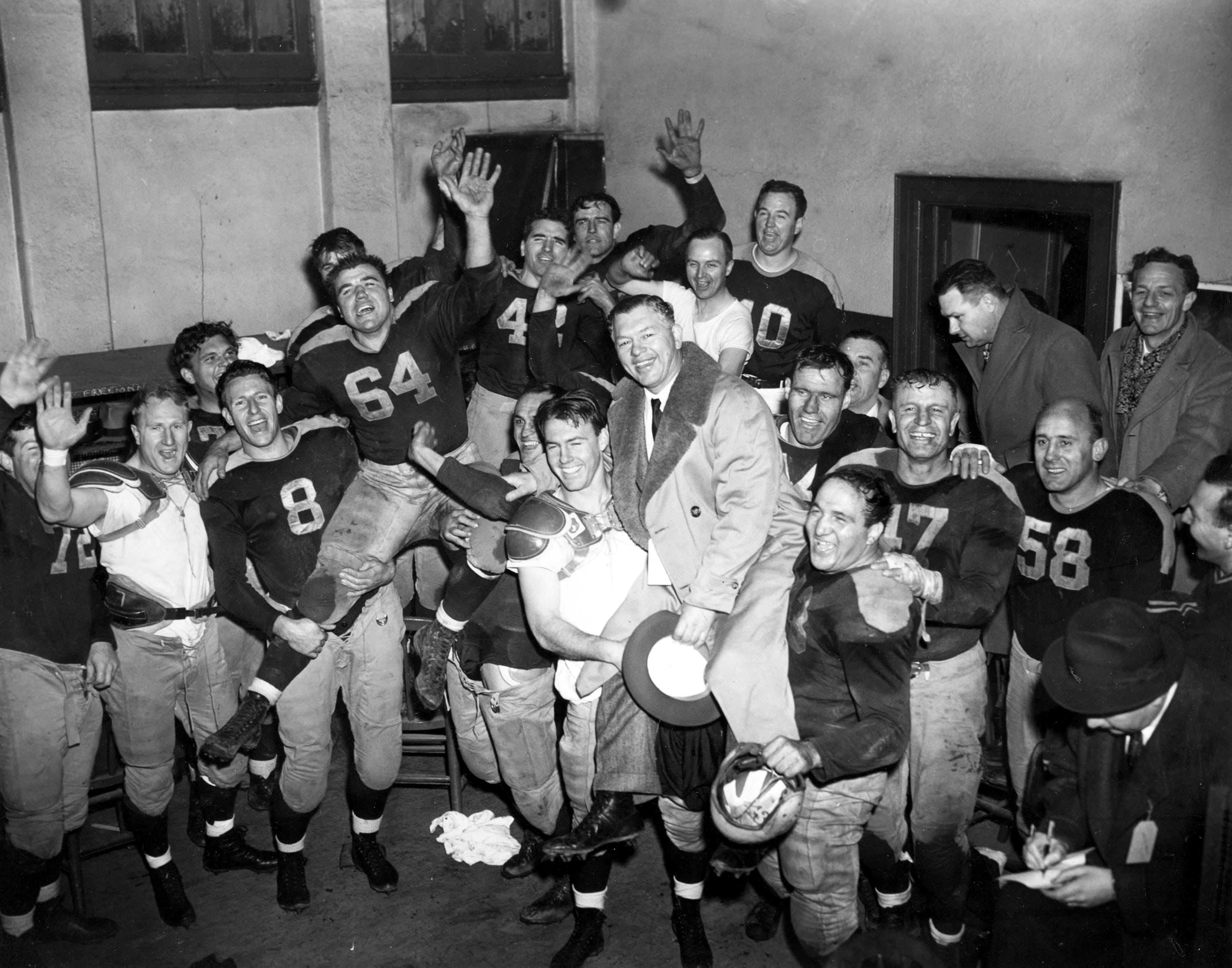 The Packers celebrate their 1944 NFL championship victory over the New York Giants.