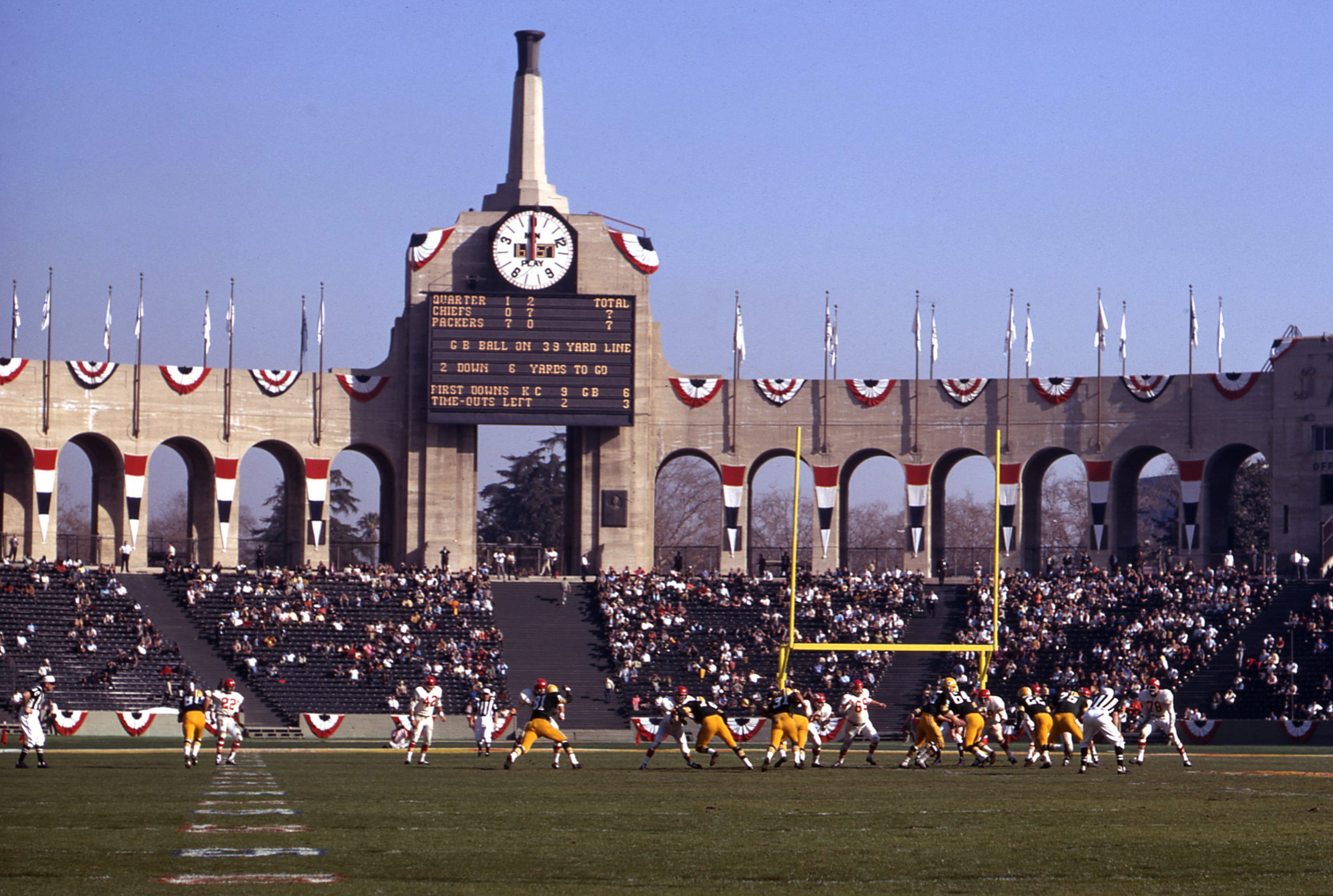 The first Super Bowl was played between the Green Bay Packers and Kansas City Chiefs at the Coliseum on Jan. 15, 1967
