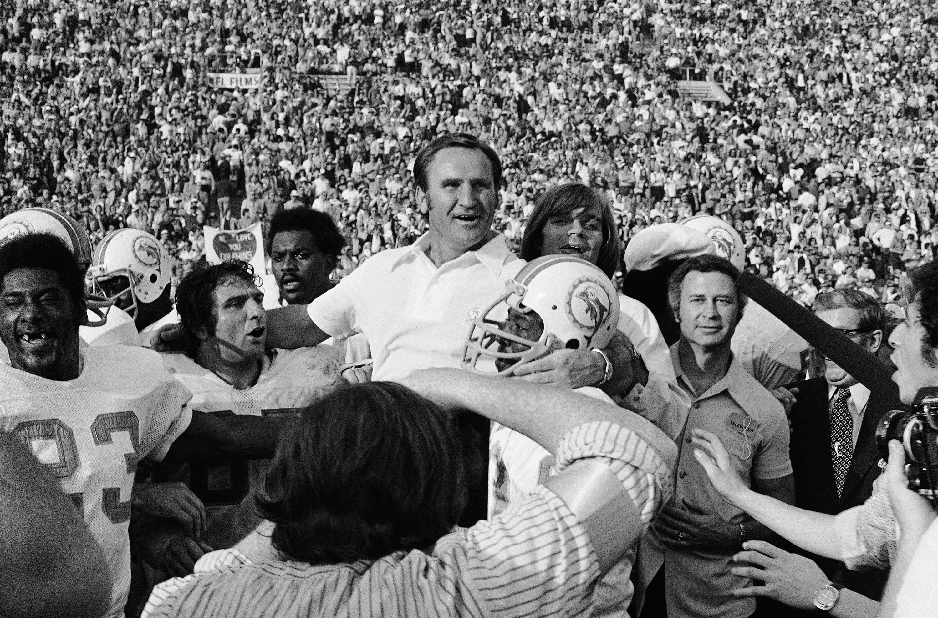Miami Dolphins coach Don Shula is carried off the field following the team's victory over the Washington Redskins in Super Bowl VII.