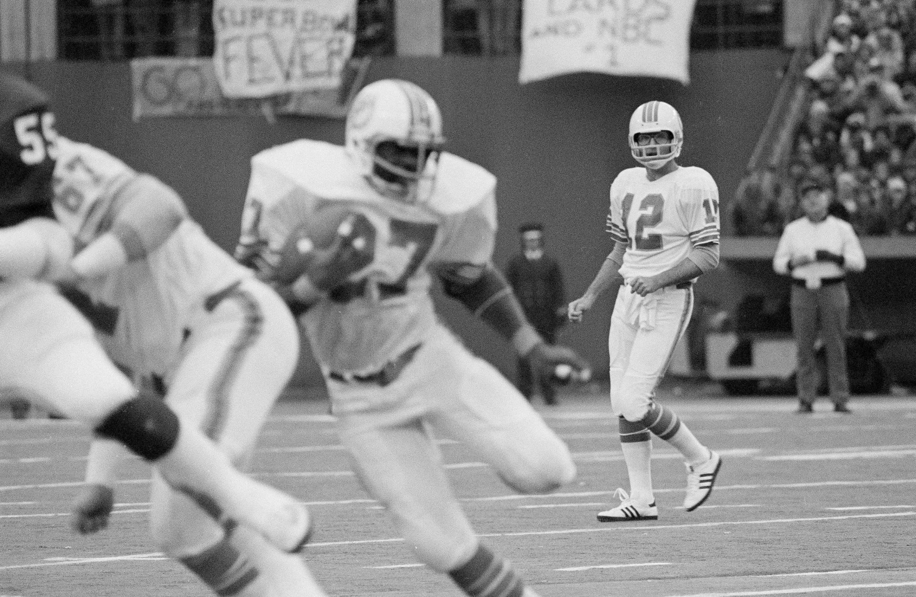Miami Dolphins quarterback Bob Griese watches running back Gary Davis carry the ball against the St. Louis Cardinals on Thanksgiving Day.