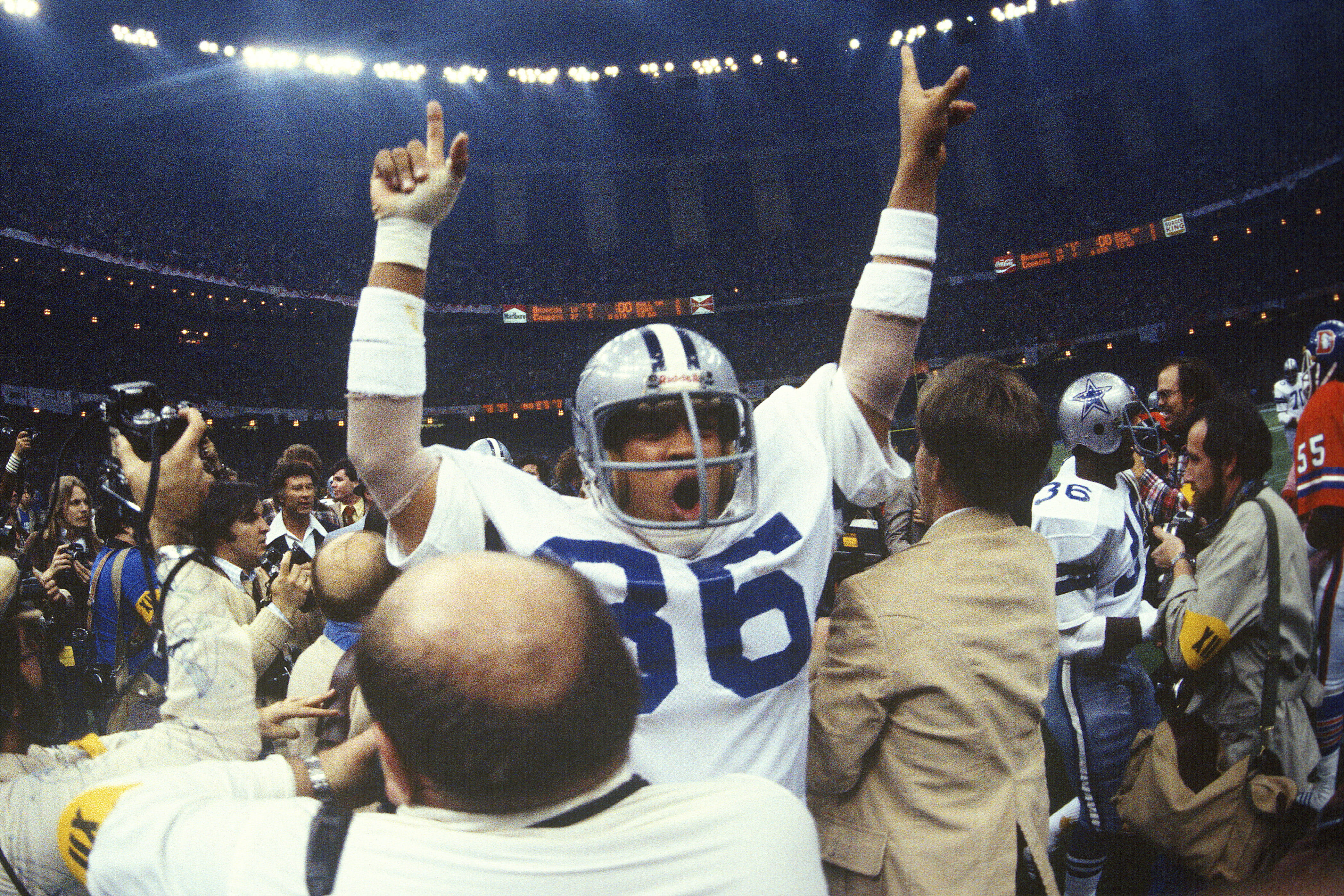 Butch Johnson celebrates the Dallas Cowboys' victory over the Denver Broncos in Super Bowl XII.