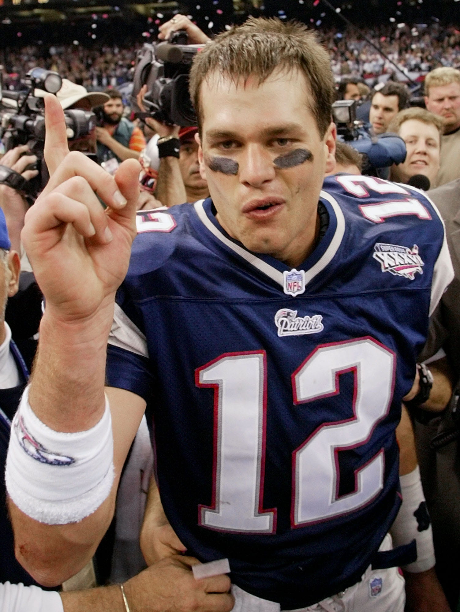 Tom Brady celebrates the New England Patriots' first Super Bowl title.