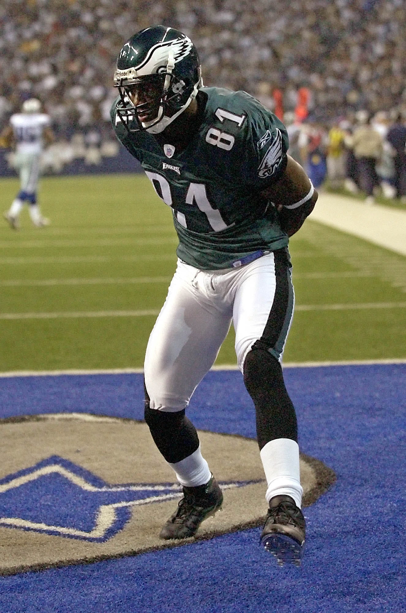 Philadelphia Eagles wide receiver Terrell Owens dances in the end zone after scoring a touchdown against the Dallas Cowboys in 2004.