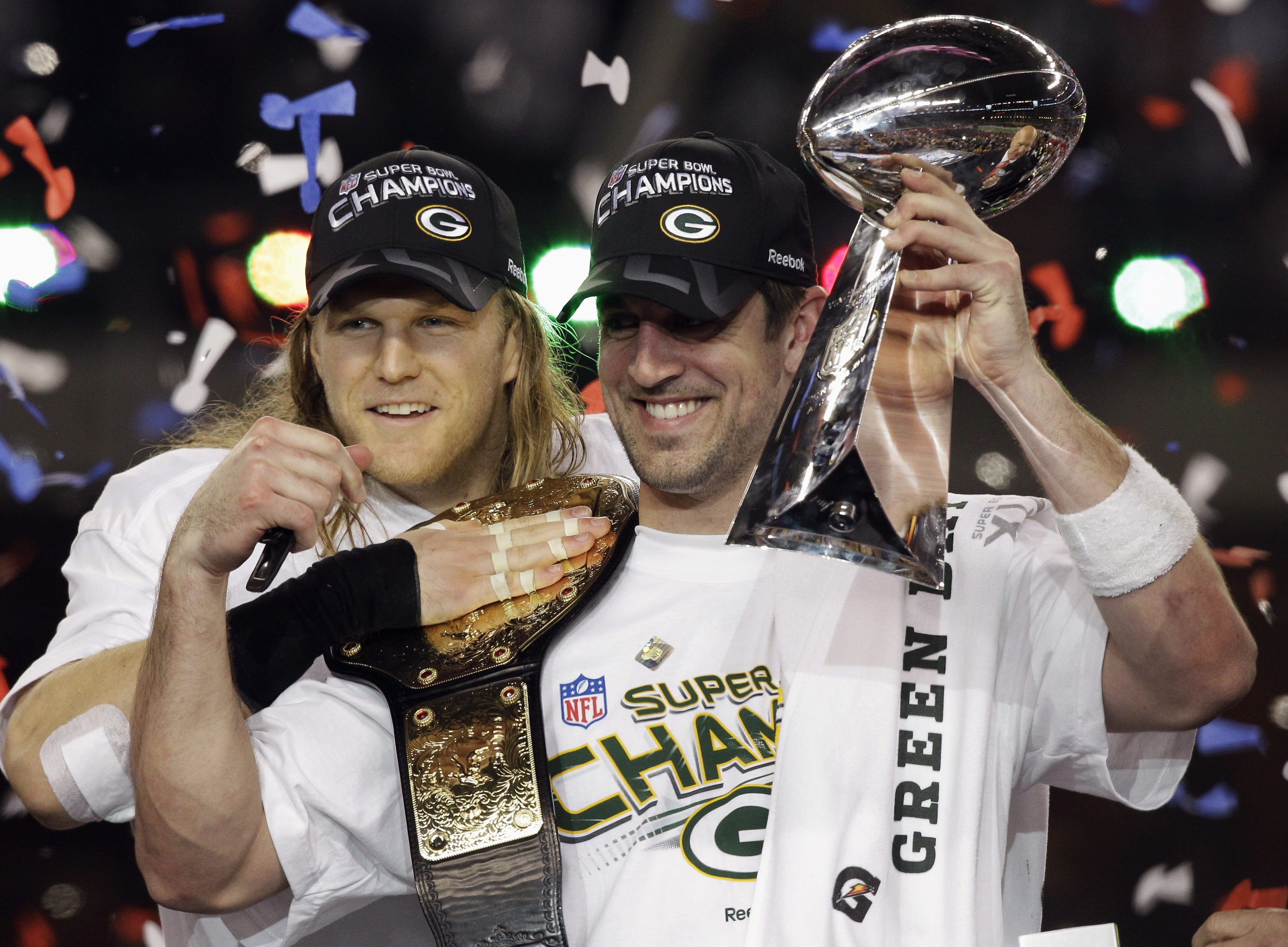 Green Bay Packers teammates Aaron Rodgers, right, and Clay Matthews celebrate the team's victory over the Pittsburgh Steelers in Super Bowl XLV.
